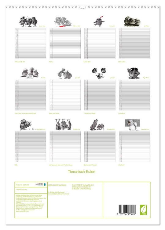 Produktbild: Tieronisch Eulen (hochwertiger Premium Wandkalender 2026 DIN A2 hoch), Kunstdruck in Hochglanz