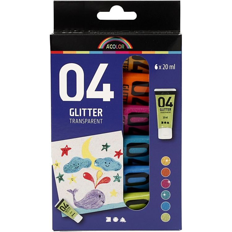 Produktbild: Creativ Company Glitter-Acrylfarbe, sortierte Farben, 6x20 ml