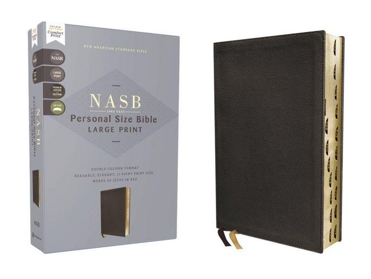 Produktbild: NASB, Personal Size Bible, Large Print, Genuine Leather, Calfskin, Black, Red Letter, 1995 Text, Thumb Indexed, Comfort Print