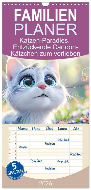 Produktbild: Familienplaner 2026 - Katzen-Paradies. Entz&uuml;ckende Cartoon-K&auml;tzchen zum verlieben mit 5 Spalten (Wandkalender, 21 x 45 cm) CALVENDO