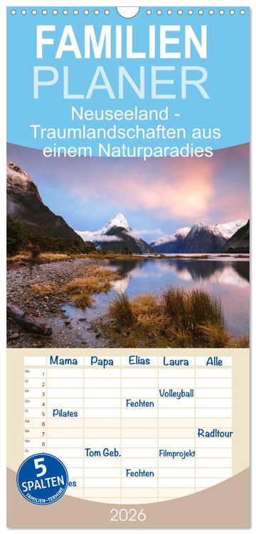 Produktbild: Familienplaner 2026 - Neuseeland - Traumlandschaften aus einem Naturparadies mit 5 Spalten (Wandkalender, 21 x 45 cm) CALVENDO