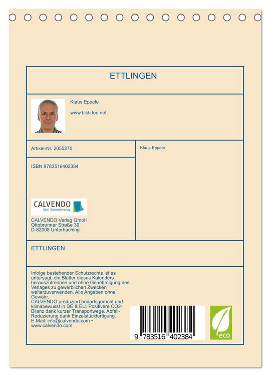 Produktbild: ETTLINGEN (Tischkalender 2026 DIN A5 hoch), CALVENDO Monatskalender