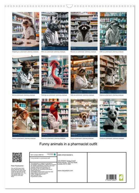 Produktbild: Funny animals in a pharmacist outfit (Wall Calendar 2026 DIN A2 portrait), CALVENDO 12 Month Wall Calendar