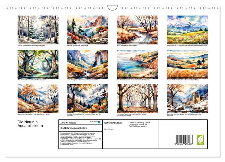 Produktbild: Die Natur in Aquarellbildern (Wandkalender 2026 DIN A3 quer), CALVENDO Monatskalender