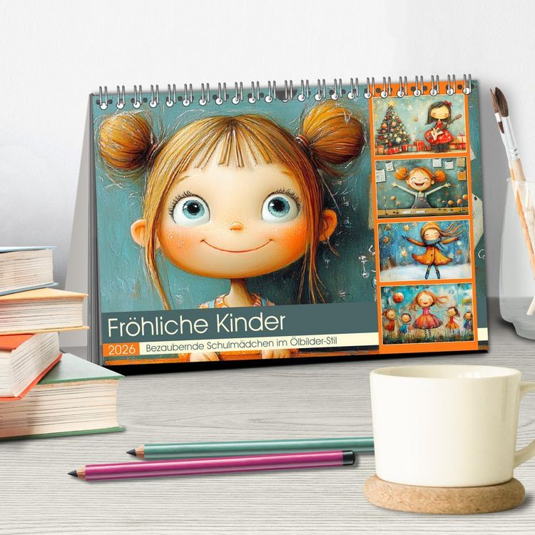 Produktbild: Fr&ouml;hliche Kinder. Bezaubernde Schulm&auml;dchen im &Ouml;lbilder-Stil (Tischkalender 2026 DIN A5 quer), CALVENDO Monatskalender