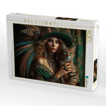 Produktbild: CALVENDO Puzzle Geheimnisvolle Frau mit gr&uuml;nem Hut tr&auml;gt eine Bengal Katze auf dem Arm | 1000 Teile Lege-Gr&ouml;&szlig;e 64x48cm Foto-Puzzle f&uuml;r gl&uuml;ckliche Stun