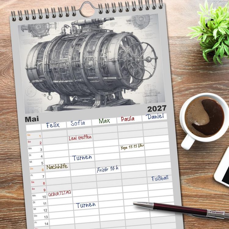 Produktbild: Familienplaner 2027 - Steampunk - Blaupausen mit 5 Spalten (Wandkalender, 21 x 45 cm) CALVENDO