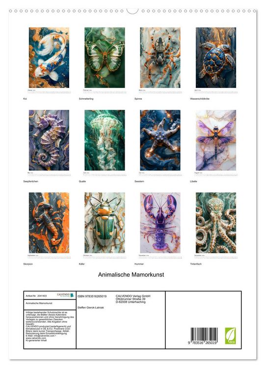 Produktbild: Animalische Mamorkunst (hochwertiger Premium Wandkalender 2026 DIN A2 hoch), Kunstdruck in Hochglanz