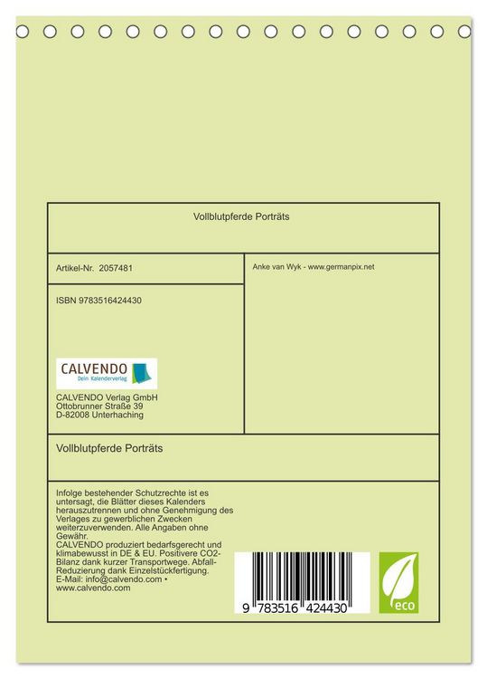 Produktbild: Vollblutpferde Portr&auml;ts (Tischkalender 2026 DIN A5 hoch), CALVENDO Monatskalender
