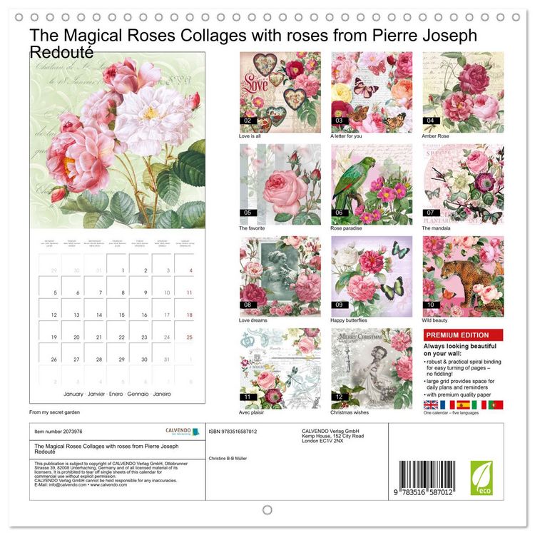 Produktbild: The Magical Roses Collages with roses from Pierre Joseph Redout&eacute; (Wall Calendar 2026 12 &times; 12 Inch) CALVENDO 12 Month Wall Calendar