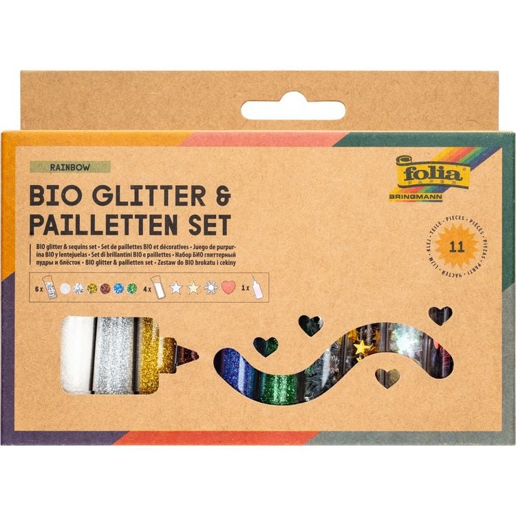 Produktbild: FOLIA&reg; Bio Glitter- und Pailletten-Set, 6 x Bio-Glitter, 4 x Pailletten mit Deko-Kleber 90 g, trocknet schnell und, glasklar, ohne Weichmacher