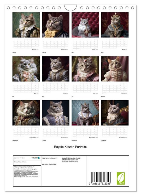 Produktbild: Royale Katzen Portraits (Wandkalender 2026 DIN A4 hoch), CALVENDO Monatskalender