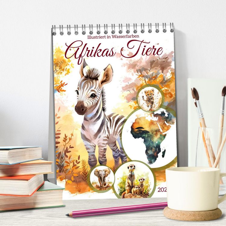 Produktbild: Afrikas Tiere - Illustriert in Wasserfarben (Tischkalender 2026 DIN A5 hoch), CALVENDO Monatskalender
