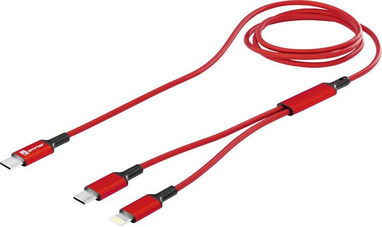 Produktbild: Smrter USB-C&reg; Y-Kabel USB-C&reg;, Apple Lightning Stecker 120 cm Rot Aluminium-Stecker, Stoff-Ummantelung, mit OTG-Funktion SMRTER_DUO_RD