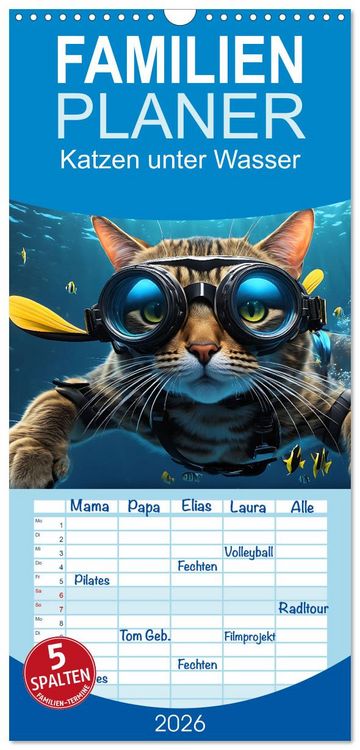 Produktbild: Familienplaner 2026 - Katzen unter Wasser mit 5 Spalten (Wandkalender, 21 x 45 cm) CALVENDO