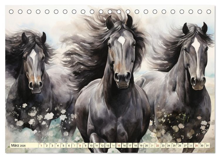 Produktbild: Pferde. Romantische Aquarelle von schwarzen Sch&ouml;nheiten (Tischkalender 2026 DIN A5 quer), CALVENDO Monatskalender