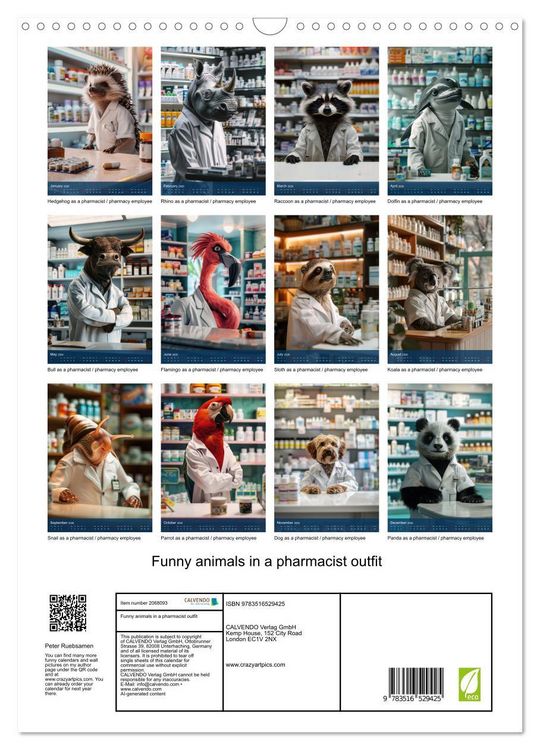 Produktbild: Funny animals in a pharmacist outfit (Wall Calendar 2026 DIN A3 portrait), CALVENDO 12 Month Wall Calendar