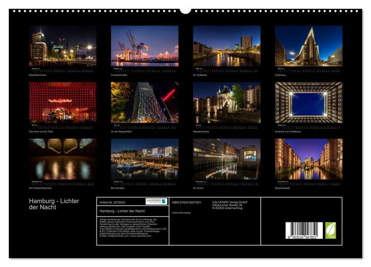 Produktbild: Hamburg - Lichter der Nacht (hochwertiger Premium Wandkalender 2026 DIN A2 quer), Kunstdruck in Hochglanz