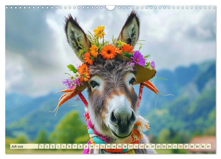 Produktbild: Esel mit Hut! Blumige Eleganz f&uuml;r ein modisches M&auml;rchen (Wandkalender 2026 DIN A3 quer), CALVENDO Monatskalender