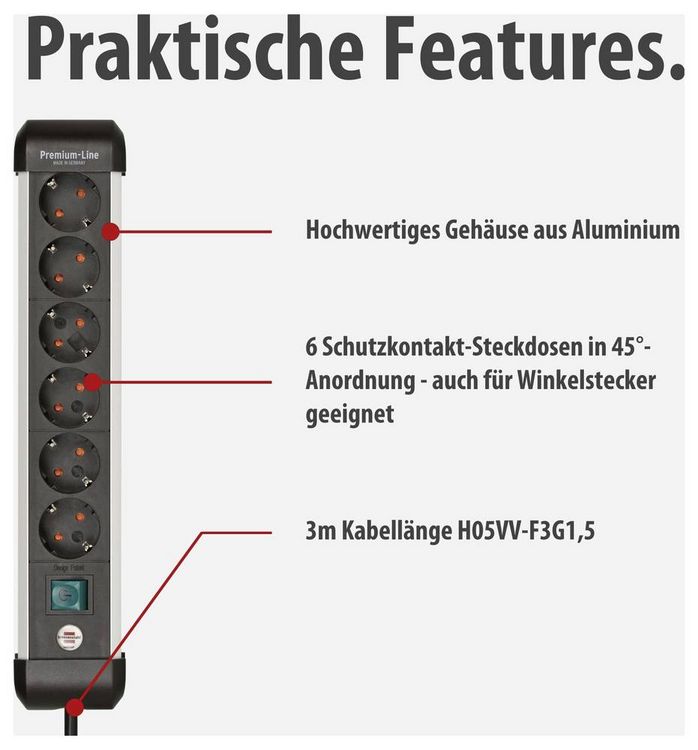 Produktbild: Brennenstuhl 1391030600 Steckdosenleiste mit Schalter Silber, Schwarz Schutzkontakt 1St.