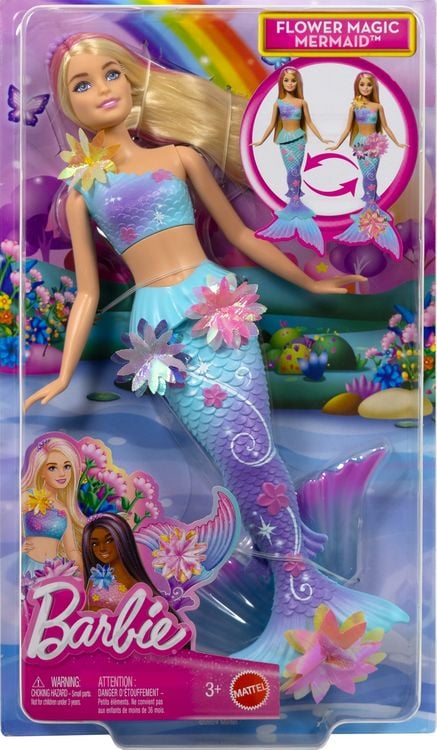 Produktbild: Barbie Flower Magic Meerjungfrauen-Spielzeugpuppe mit magischer Überraschungsblüte und perlenbesetztem Haarreif