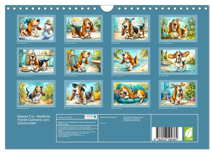 Produktbild: Basset Fun. Niedliche Hunde Cartoons zum Schmunzeln (Wandkalender 2026 DIN A4 quer), CALVENDO Monatskalender