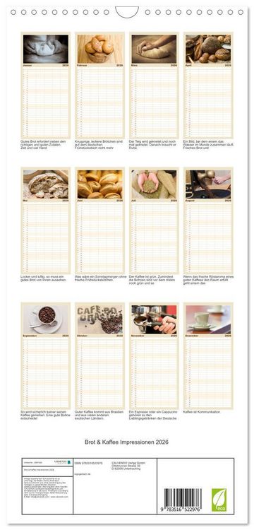 Produktbild: Familienplaner 2026 - Brot & Kaffee Impressionen 2026 mit 5 Spalten (Wandkalender, 21 x 45 cm) CALVENDO