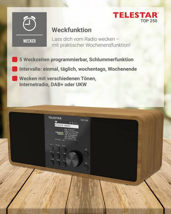 Produktbild: Telestar TOP 250 Holz Internet Kofferradio DAB+, Internet, UKW WLAN, USB, UKW, Internetradio, DAB+, Bluetooth&reg; Holz