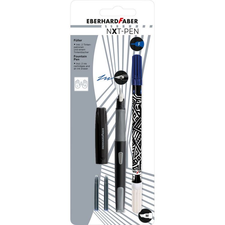 Produktbild: EBERHARD FABER F&uuml;ller Set NXT M Tintenl&ouml;scher 2 Patronen schwarz/grau 4 Teile RH LH Blister