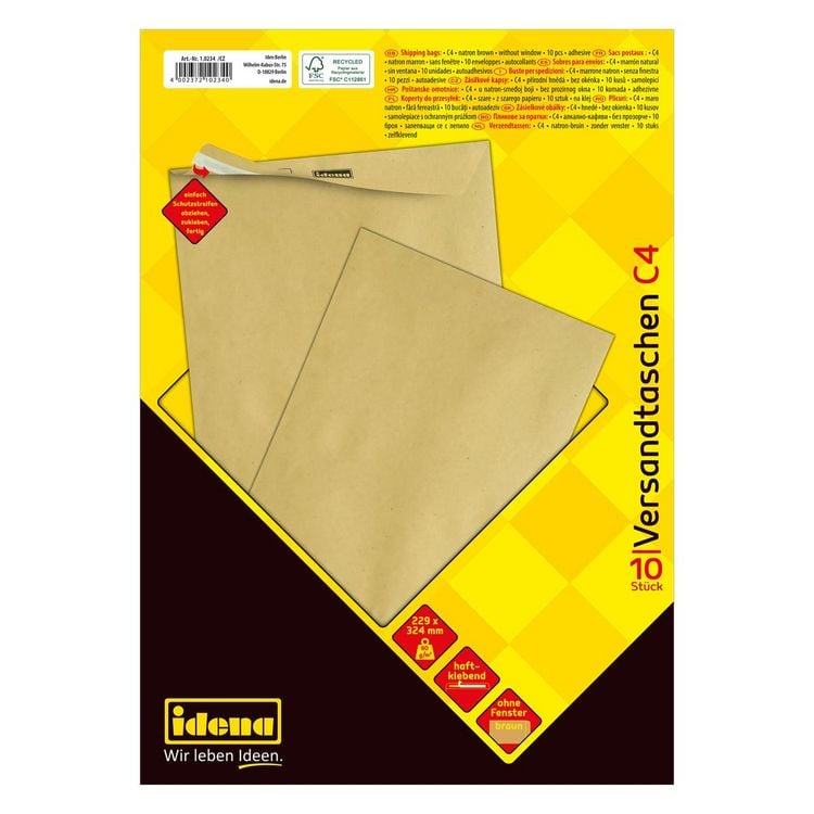 Produktbild: Idena Versandtaschen ohne Fenster haftklebend 90g/m&sup2; braun DIN C4 10 St&uuml;ck