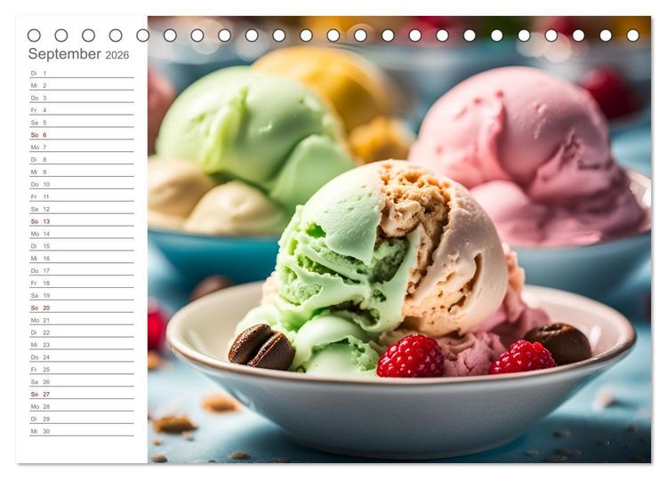 Produktbild: K&ouml;stliche Versuchung - Der zuckers&uuml;&szlig;e Eiscreme Geburtstagskalender mit erfrischenden KI Eisgen&uuml;ssen (Tischkalender 2026 DIN A5 quer), CALVENDO Monatskalender