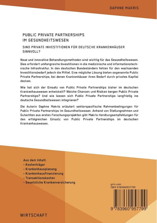 Produktbild: Public Private Partnerships im Gesundheitswesen. Sind private Investitionen f&uuml;r deutsche Krankenh&auml;user sinnvoll?