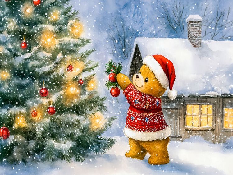 Produktbild: CALVENDO Puzzle Teddy schm&uuml;ckt den Weihnachtsbaum | 1000 Teile Lege-Gr&ouml;&szlig;e 64x48cm Foto-Puzzle f&uuml;r gl&uuml;ckliche Stunden