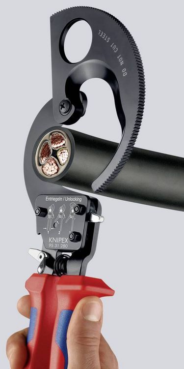 Produktbild: Knipex 95 31 280 Ratschen-Kabelschneider Geeignet f&uuml;r (Abisoliertechnik) Alu- und Kupferkabel, ein- und mehrdr&auml;htig 52 mm 380 mm&sup2;