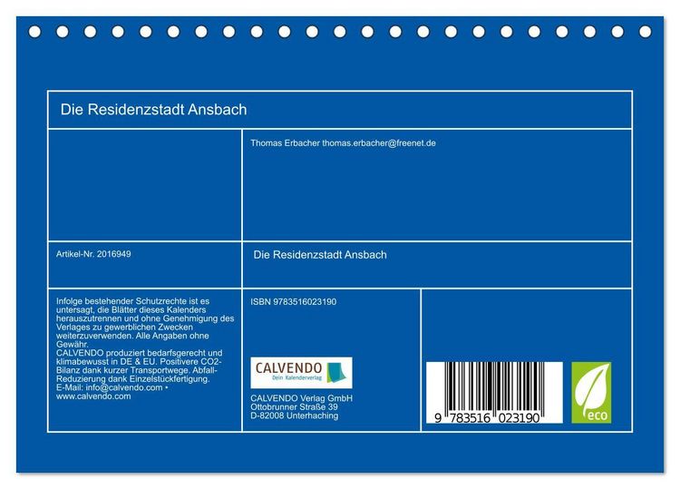 Produktbild: Die Residenzstadt Ansbach (Tischkalender 2026 DIN A5 quer), CALVENDO Monatskalender