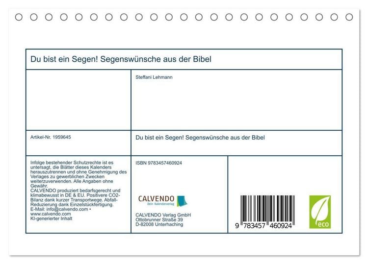 Produktbild: Du bist ein Segen! Segensw&uuml;nsche aus der Bibel (Tischkalender 2026 DIN A5 quer), CALVENDO Monatskalender