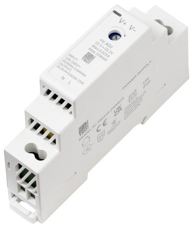 Produktbild: TRU COMPONENTS TC-13713364 Hutschienen-Netzteil (DIN-Rail) Verbrauch (StandBy) 0.3 W 24 V/DC 0.625 A 15 W Anzahl Ausg&auml;nge:1 x Inhalt 1 St.