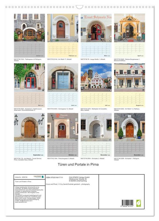 Produktbild: T&uuml;ren und Portale in Pirna (Wandkalender 2026 DIN A2 hoch), CALVENDO Monatskalender