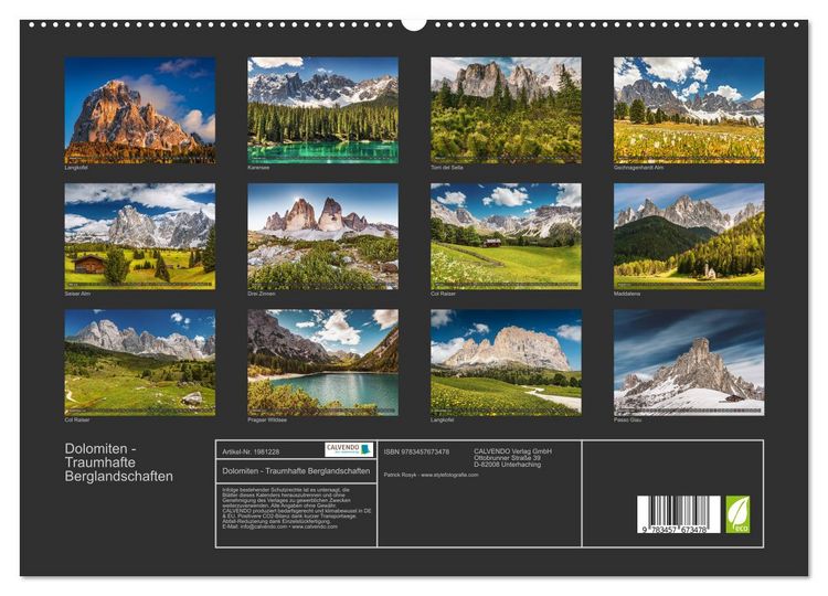 Produktbild: Dolomiten - Traumhafte Berglandschaften (hochwertiger Premium Wandkalender 2026 DIN A2 quer), Kunstdruck in Hochglanz