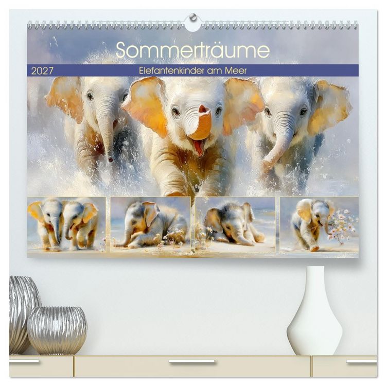 Produktbild: Sommertr&auml;ume. Elefantenkinder am Meer (hochwertiger Premium Wandkalender 2027 DIN A2 quer), Kunstdruck in Hochglanz