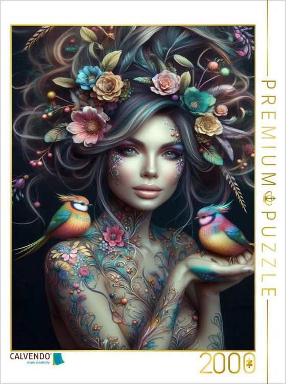 Produktbild: CALVENDO Puzzle Portrait einer Frau mit grau bunten organischen Haarschmuck und Paradiesv&ouml;geln auf der Hand | 2000 Teile Lege-Gr&ouml;&szlig;e 90x67cm Foto-Puzzl