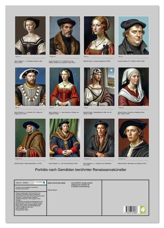 Produktbild: Portr&auml;ts nach Gem&auml;lden ber&uuml;hmter Renaissancek&uuml;nstler (Wandkalender 2026 DIN A2 hoch), CALVENDO Monatskalender