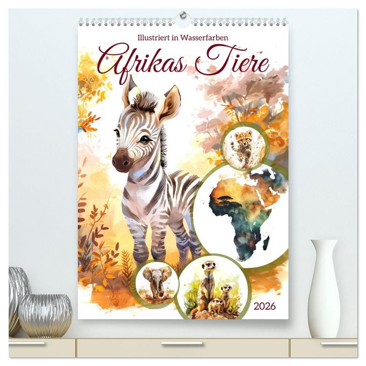 Produktbild: Afrikas Tiere - Illustriert in Wasserfarben (hochwertiger Premium Wandkalender 2026 DIN A2 hoch), Kunstdruck in Hochglanz