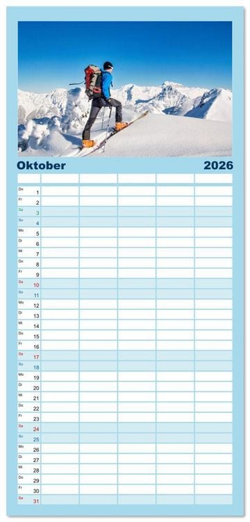 Produktbild: Familienplaner 2026 - Skimountaineering - Erobere die Berge im Winter mit 5 Spalten (Wandkalender, 21 x 45 cm) CALVENDO