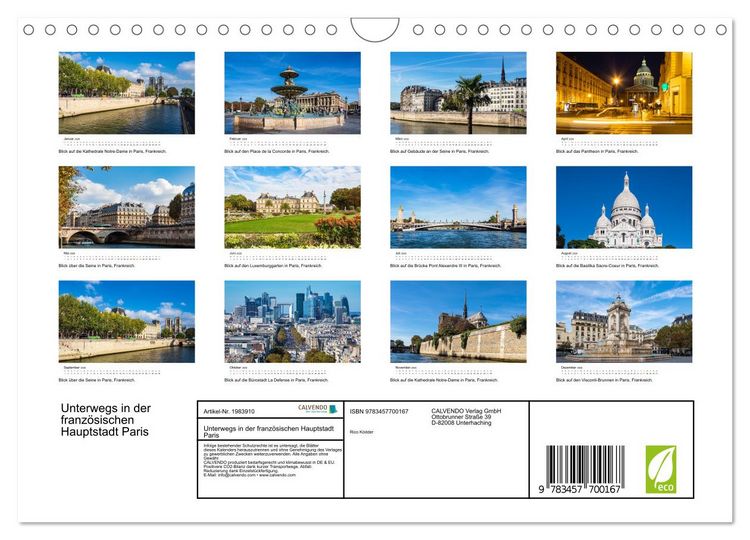 Produktbild: Unterwegs in der franz&ouml;sischen Hauptstadt Paris (Wandkalender 2026 DIN A4 quer), CALVENDO Monatskalender