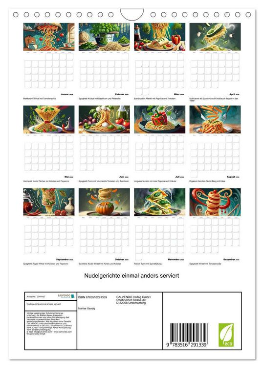 Produktbild: Nudelgerichte einmal anders serviert (Wandkalender 2026 DIN A4 hoch), CALVENDO Monatskalender