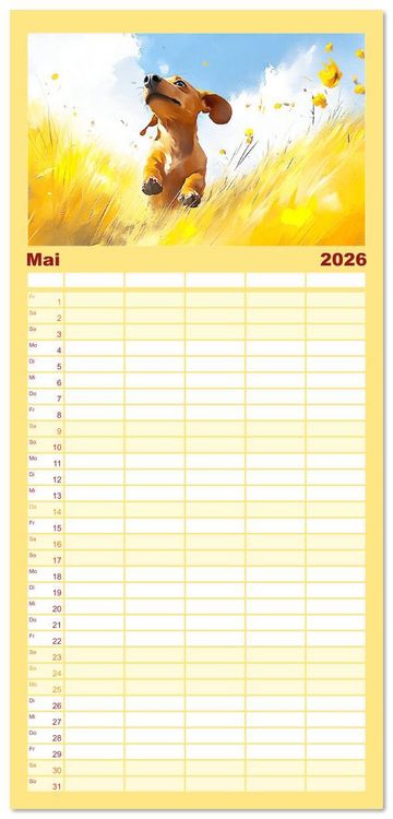 Produktbild: Familienplaner 2026 - Dackelzauber. Charmante Begleiter im lieblichen Aquarell-Stil mit 5 Spalten (Wandkalender, 21 x 45 cm) CALVENDO