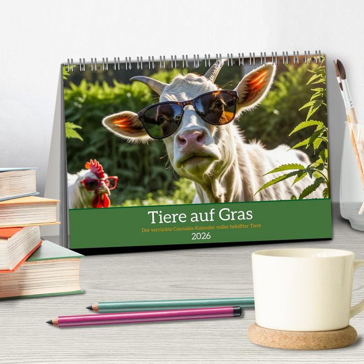 Produktbild: Tiere auf Gras - Der verr&uuml;ckte Cannabis-Kalender voller bekiffter Tiere (Tischkalender 2026 DIN A5 quer), CALVENDO Monatskalender