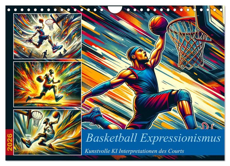 Produktbild: Basketball Expressionismus - Kunstvolle KI Interpretationen des Courts (Wandkalender 2026 DIN A4 quer), CALVENDO Monatskalender