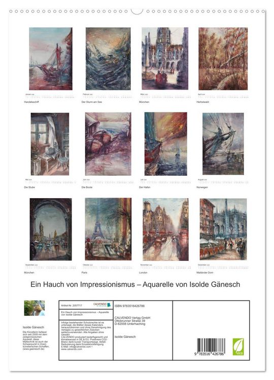 Produktbild: Ein Hauch von Impressionismus &ndash; Aquarelle von Isolde G&auml;nesch (hochwertiger Premium Wandkalender 2026 DIN A2 hoch), Kunstdruck in Hochglanz